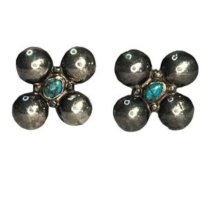 Vintage Sterling Silver Turquoise Mexico Southwestern Screwback Flower Earrings